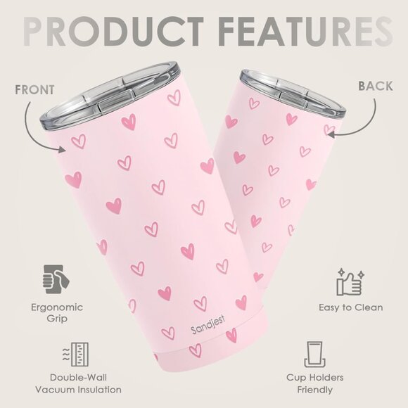 Heart Tumbler 20oz, Stainless Steel Travel Cup with Lid, Insulated Coffee Mug, H - Picture 3 of 7